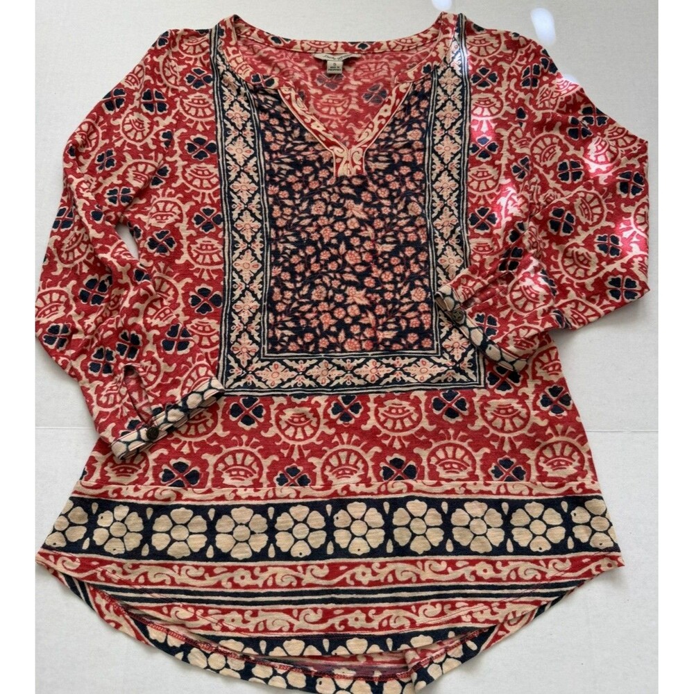 Lucky Brand Mixed Print Americana Knit Top Size Small 3/4 Sleeve Boho Y2K